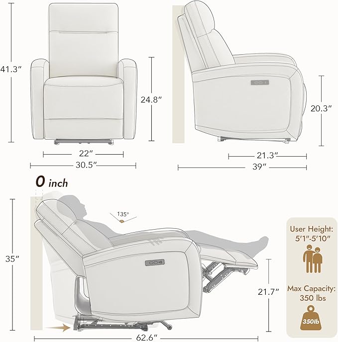 Watson & Whitely Power Recliner Chairs for Adults, Zero Wall Recliners W Power Headrest Type-C Charger, Small Faux Leather RV Recliners Home Theater Seating for Living Room, Cream