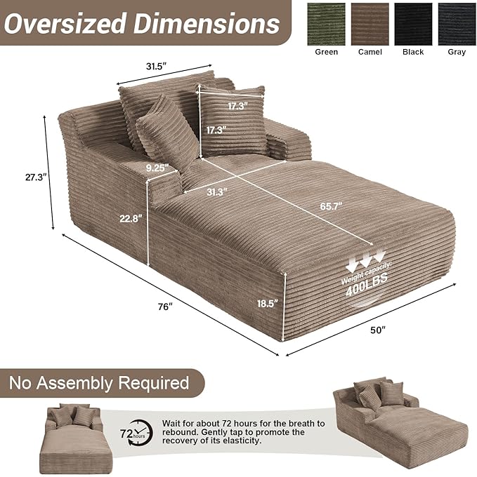 50"W x 76"D Oversized Chaise Lounge Chair Indoor Boneless Reading Chair Plush Corduroy Recliner Large Deep Seat Upholstered Sleeper Comfy Sofa Bed Couch with 3 Pillows for Living Room Bedroom, Camel