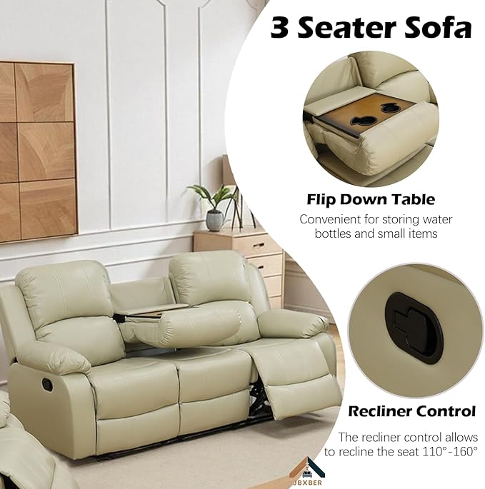 JBXBER Manual Recliner Sofa Set for Living Room, Leather Reclining Sofa Sets, Faux Leather Couch Set with Cup Holders, Drop-Down Table and Storage Console(3 Piece Set,Beige)