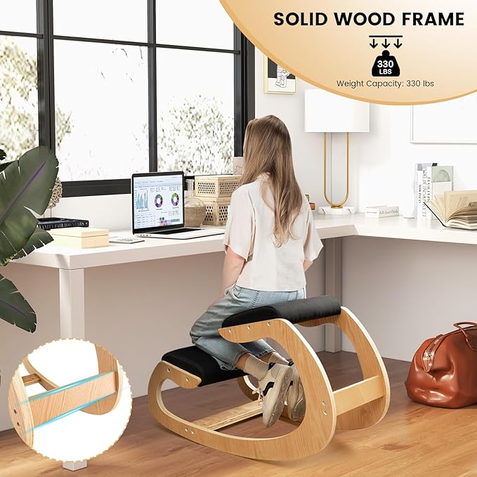 Giantex Ergonomic Kneeling Desk Chair, Rocking Knee Chair with Cushion & Solid Wood Frame, Natural Relief for Neck or Back Pain, Posture Chair for Desk, Home, Office, Max Load 330 Lbs (Black)