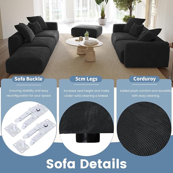 WJShome Modular Sectional Sofa Couch,141.73inch Oversized 3 Seater Sofa,Upholstered with Corduroy Fabric Couches with 5 Pillows,Cushion Covers Removable& Washable,