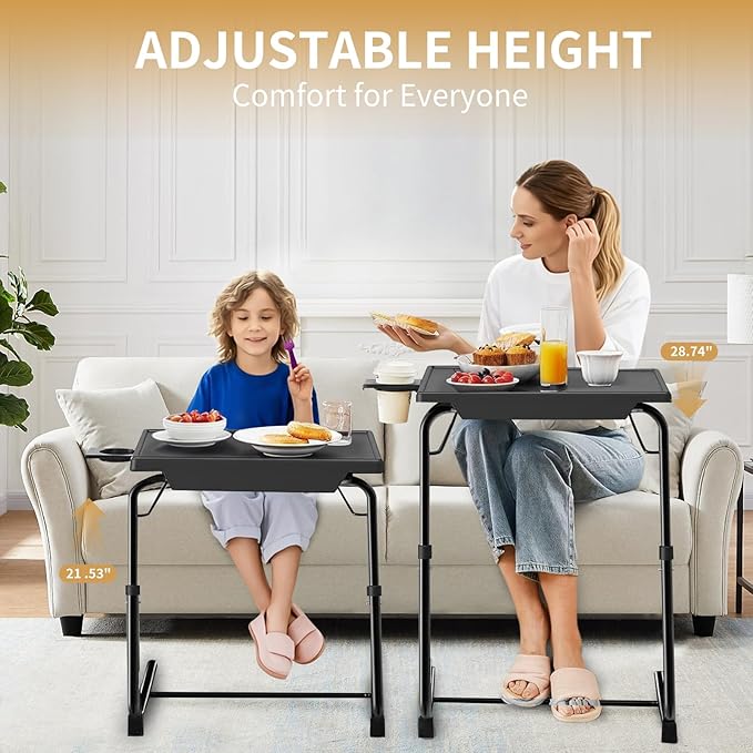 ZUCONKITCH Adjustable TV Tray Tables with 6 Height & 3 Tilt Angle, Folding TV Dinner Tray,TV Table with Cup Holder on Bed & Sofa (1 Pack, Black)