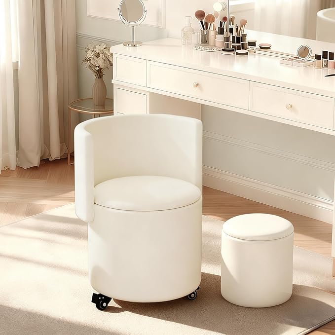 Rolling Round Vanity Chair with Storage, Swivel Makeup Chair with Folding Back, PU Leather Small Upholstered Ottoman for Bedroom Living Room