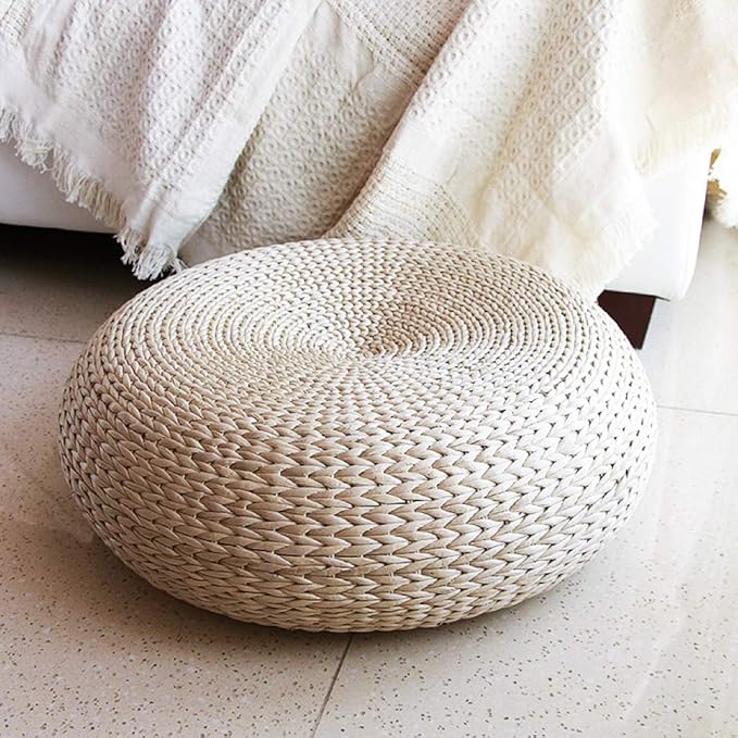 Handwoven Banana Leaf Pouffe Chair - Round Floor Seat with Padded Cushion for Comfort - Eco-Friendly Seating Solution for Home Decor and Relaxation