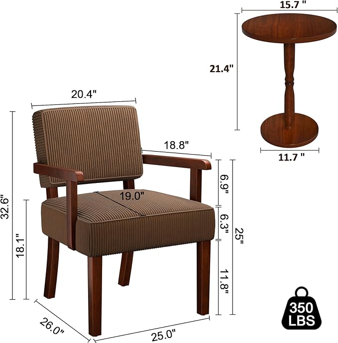 Corduroy Accent Chair Set of 2 with Table, Mid Century Modern Armchairs with Solid Wood Frame, Oversized Reading Leisure Chair (Corduroy Brown, Set of 2 with Table)