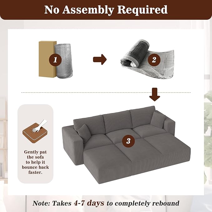 110" Modular Sectional Sofa, Boneless Couch Memory Foam Cloud Couch with Chaise, Cozy Upholstered Corduroy Floor Couch, No Assembly Required Living Room Furniture for Apartment Home, Grey