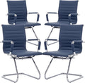 DM Furniture Office Desk Chair No Wheels Set of 4 PU Leather Computer Chairs Mid Back Guest Chairs for School Reception Conference Waiting Room, Navy Blue