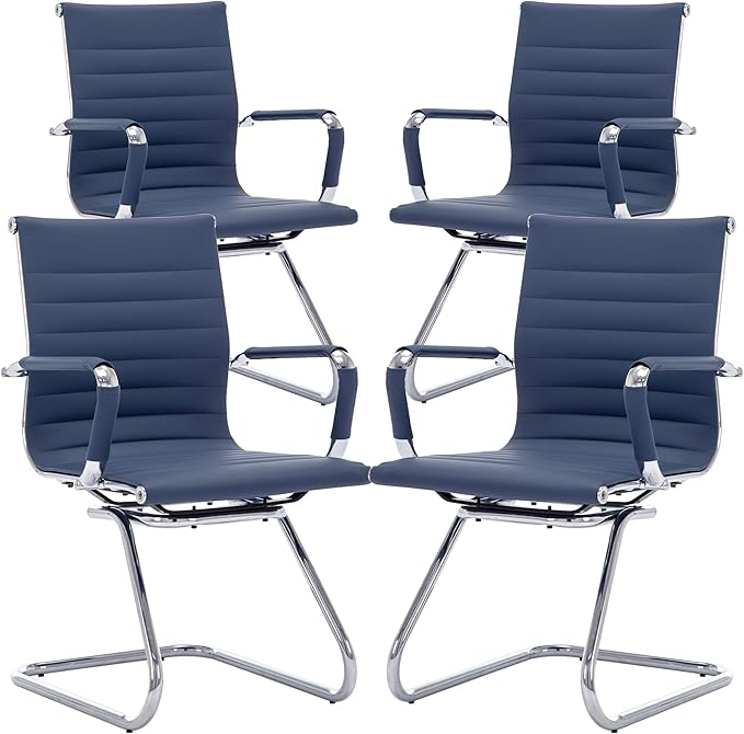 DM Furniture Office Desk Chair No Wheels Set of 4 PU Leather Computer Chairs Mid Back Guest Chairs for School Reception Conference Waiting Room, Navy Blue