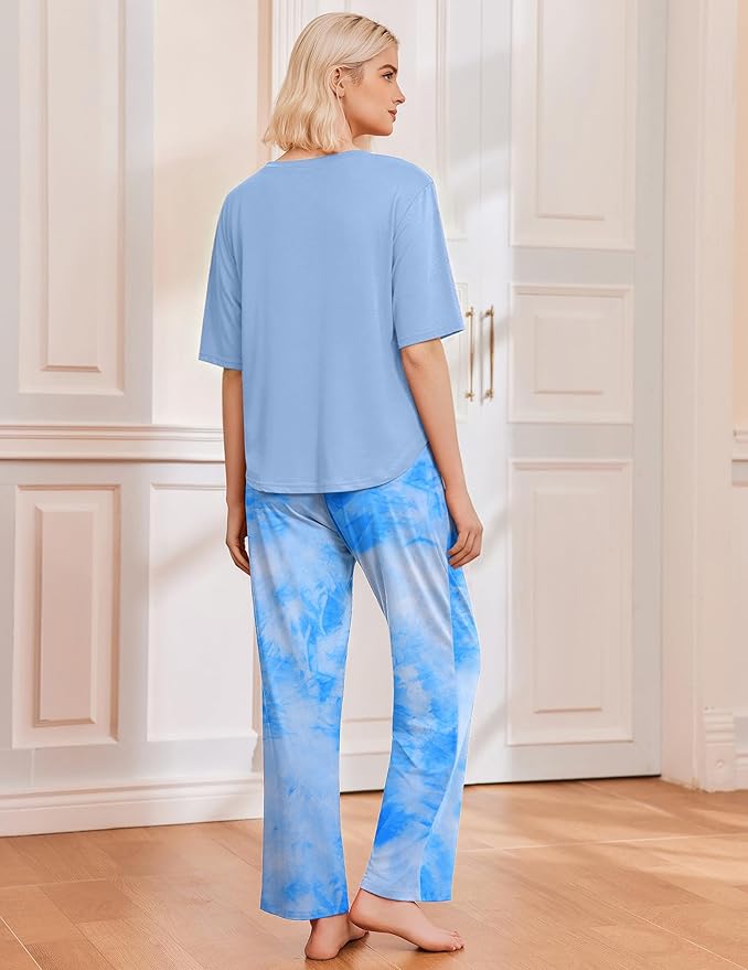 Ekouaer 2 Pack Womens Pajama Sets Short Sleeve Tops and Long Pants Casual Comfy Pjs Lounge Set with Pockets,S-XXL