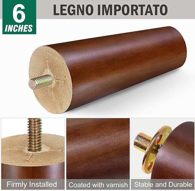 FoDau770 Brown Rubber Wood Furniture Legs 6 Inches, Straight Tapered Wood Feet Mid Century Sofa Legs Set of 4, 5/16" UNC Furniture Feet for Cabinet Couch Dresser Chair Ottoman Table