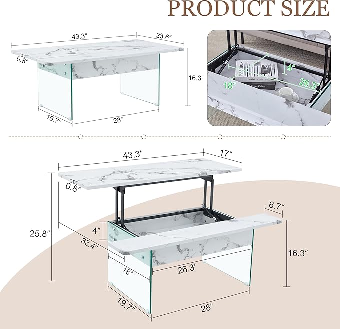 HanStrong 43.3" Lift-Top Coffee Table with Storage,Marble & Tempered Glass Space-Saving for Living Room,Office,White