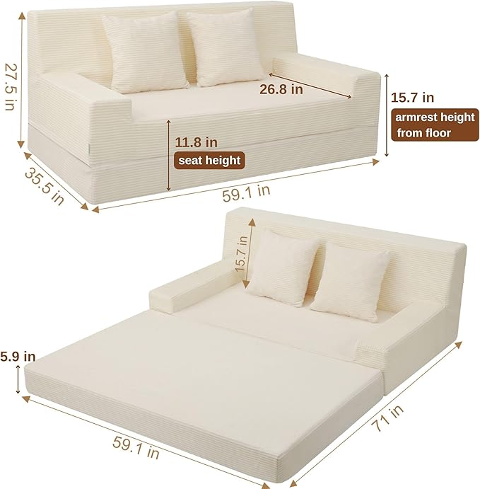MeMoreCool Boneless Folding Queen Sofa Bed – Corduroy Convertible Sleeper Chair & Fold‑Out Futon for Living Room Guest Use