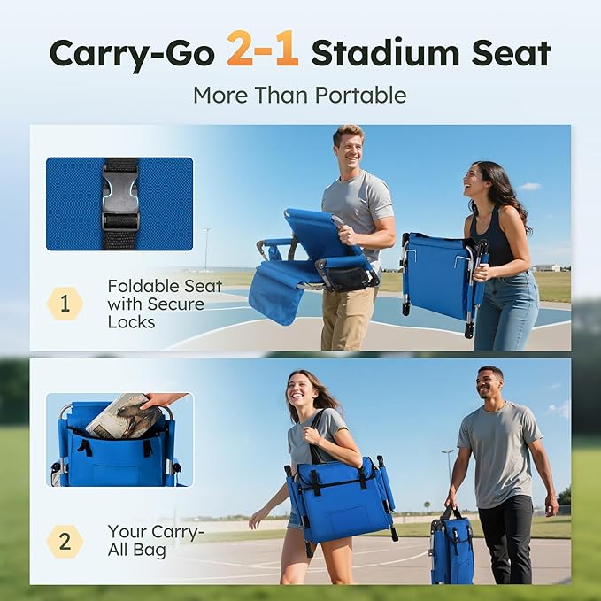 LET'S CAMP Folding Stadium Seat Bleacher Chair with Cup Holder, Mesh Bag and Hide Hooks, Portable Stadium Chair with Back and Cushion