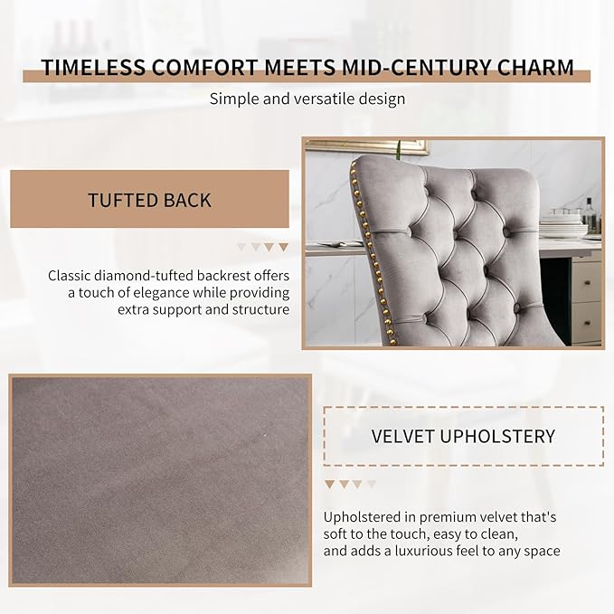 YeahFurn Mid Century Modern Dining Chairs Set of 6, Grey Velvet Upholstered Tufted Back, Kitchen & Dining Room Chairs, Gold Metal Legs, Nailhead Trim, Sillas para Comedor (Gray, 6 Pcs)