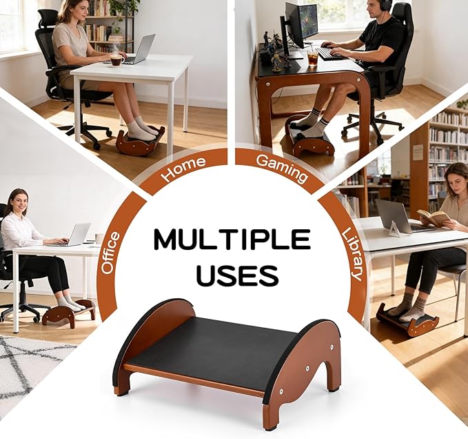 Ergonomic Wooden Under Desk Footrests with Rocking Feature, Non-Slip Design, Improves Posture, Circulation, and Comfort for Home & Office Use