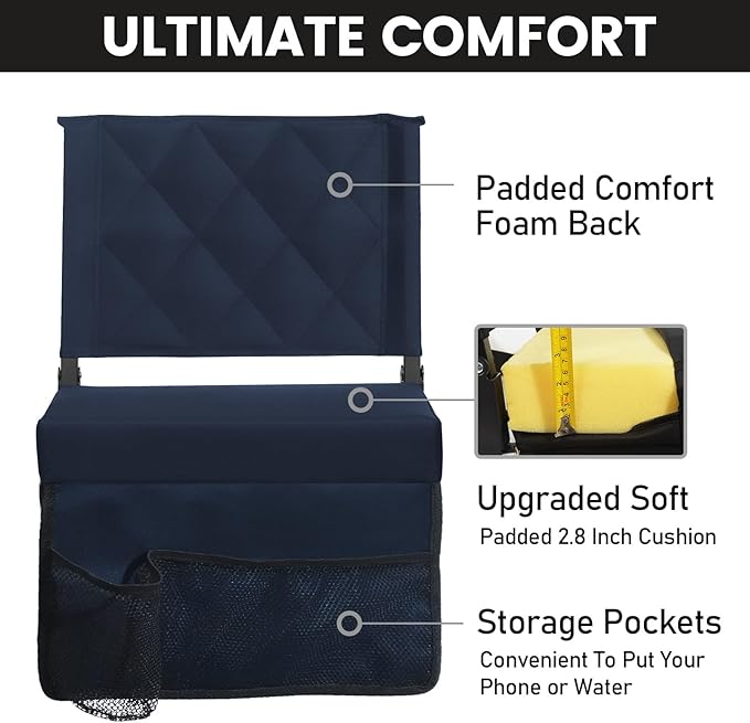 Sheenive Stadium Seats for Bleachers with Back Support, Bleacher Seats with Backs and Cushion Wide, Padded Portable Folding Comfort Stadium Chair with Shoulder Strap, Perfect for Sports Events