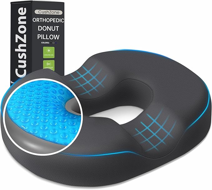 Donut Pillow Seat Cushion - Cooling Gel Floor Pillow, Memory Foam Floor Cushion for Office & Home, Car Seat, Hemorrhoids Pillow, Sciatica & Tailbone Pain Relief Chair Cushion, Grey-XL
