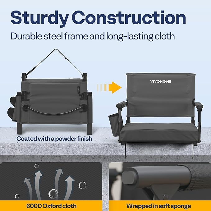 VIVOHOME Stadium Seats with Back Support and Cushion, 2 Pack Portable Bleacher Chairs with Cup Holder and Shoulder Strap