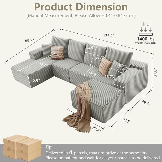 Lakifun 135" L-Shape Sofa with Ottoman, Modern Modular Sectional Comfy U-Shape Cloud Couch, Deep Seat, Upholstered Corduroy Sleeper Chaise Longue for Living Room Bedroom, No Assembly Required, Grey