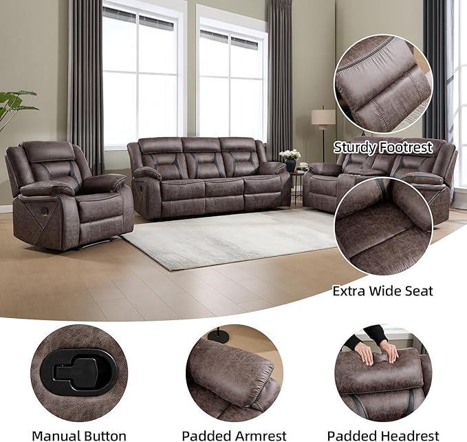EBELLO Faux Leather Recliner Sofa Furniture Set for Living Room, Recliner Chair, Manual Loveseat, 3 Seat Recliniing Sofa Couch Set for Meeting Room, Grey