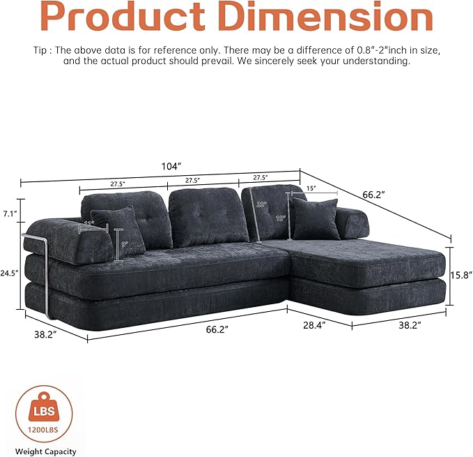 SUYOLS L Shaped 104" Modular Sectional Sofa Bed with Pillows, 8-in-1 Convertible Couch, Sturdy Stainless Steel Frame,Removable Washable Cover,High Resilience Sponge,for Living Room,Apartment,Dark Gray