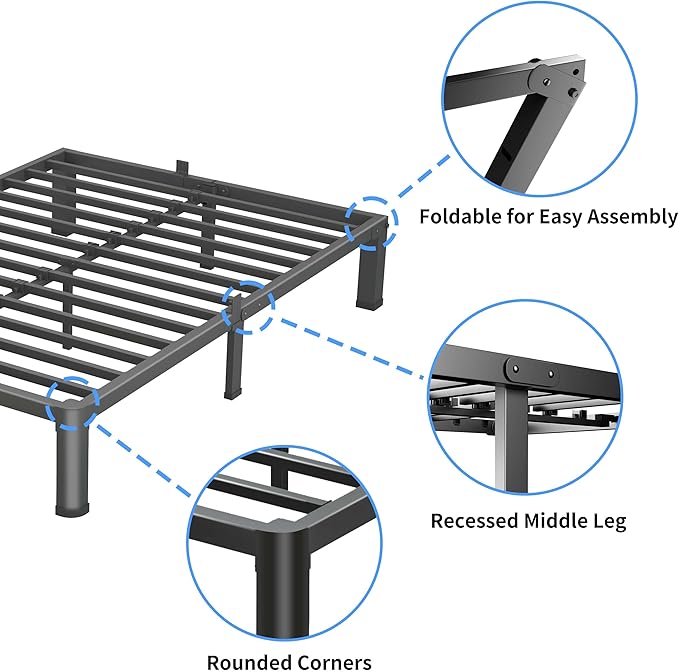 VIPSHOW 4 Inch Queen Bed Frame, 3500Lbs Heavy Duty Metal Platform with Round Corner Legs Mattress Slide Stopper, Steel Slat Support No Box Spring Needed, Noise Free, Non-Slip, Easy Assembly