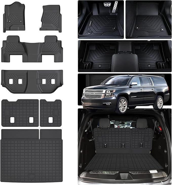 Floor Mats for 2015-2020 Chevy Chevrolet Suburban/GMC Yukon XL 7 Seats (Not for Yukon) (2nd Row Bucket Seats) & Cargo Mat & Backrest Mat,TPE All Weather Protection Full Set Accessories