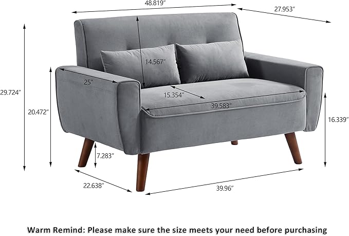 48" Loveseat Sofa, 2 Seater Love Seat Mid Century Modern Small Couches for Living Room Bedroom Apartment, 2 Throw Pillows and Plastic Legs, Light Grey