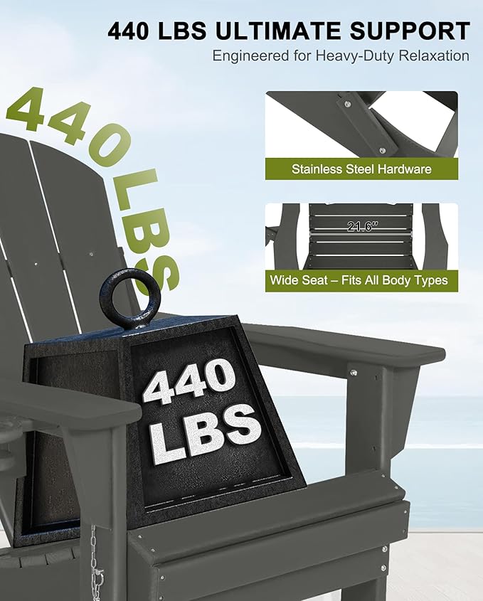 Folding Adirondack Chairs Set of 2 - Plastic Adirondack Chairs with Cup Holder, Weather Resistant for Outdoor, Patio, Lawn, Garden, Backyard Deck, Fire Pit - Dark Gray