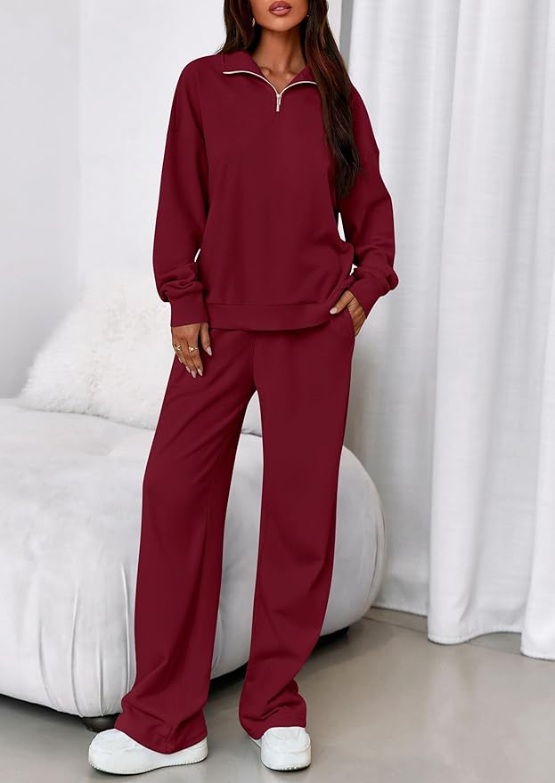 PRETTYGARDEN Womens Casual Two Piece Sets Fall 2026 Outfits Quarter Zip Sweatshirts Straight Leg Pants Sweatsuits Tracksuit