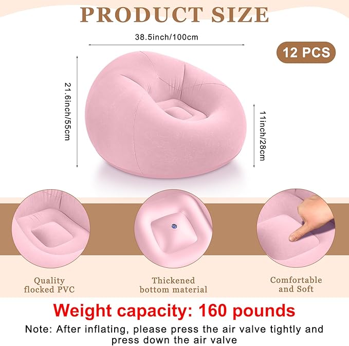 Realspring 12 Pcs Inflatable Bean Bag Chairs for Adults with Electric Air Pump, Blow up Couch Folding Portable Inflatable Couch Lazy Sofa for Outdoor Movie Nights Camping Room (Pink)