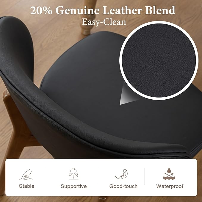 YOUNUOKE PU Leather Dining Chairs, Modern Dining Room Chair Set of 2 with Wood Legs, Curve Backrest Upholstered Comfy Side Kitchen Chairs, Black