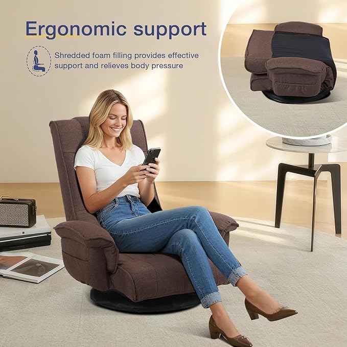 Linen Fabric Ergonomic Gaming Chair, 6-Position Reclining Sofa Bed with Lumbar Support, Foldable Floor Lounger with Thick Cushion, Armrests & Side Pockets for Esports, Reading, Napping (Coffee)