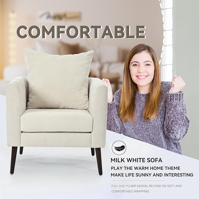 QKFF Barrel Accent Chair with Back Pillow, Large Upholstered Armchair with Solid Wood Legs Modern Reading Chairs for Living Room Bedroom