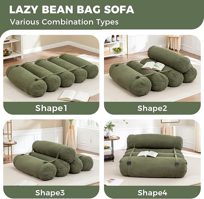 Ekskiei Bean Bag Sofa, Corduroy Sectional with Connecting Straps, Flexible Floor Seating, Soft Foam Filled Lounger, Non-Removable Cover, Reconfigurable Design,Living Room,Bedronm&Offices,Green