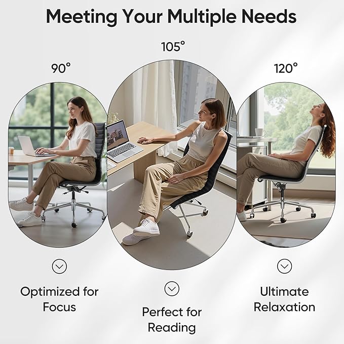 OTDMEL Armless Ribbed Office Desk Chair with Top Grain Leather, High Back Ergonomic Swivel Room Chair, Adjustable Height 5-Star Base, Black