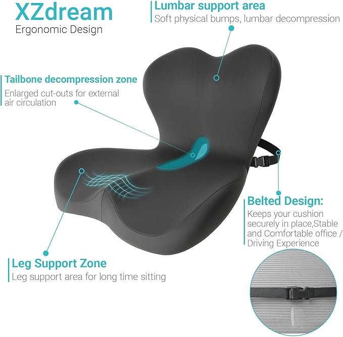 Memory Foam Seat Cushion,Office Chair Cushion with Lumbar Support for Back Pressure Relief,Sciatica,Car Seat Cushion with Adjustable Strap,Hip Pad Cushions for Car,Truck,Desk,(D-Dark Grey)