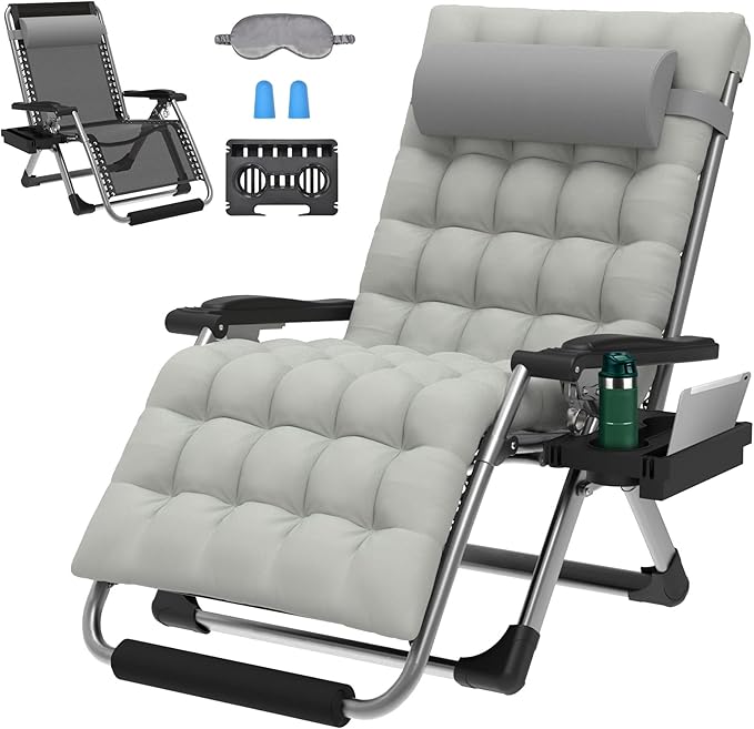 ZENPETIO Oversized Zero Gravity Chair, 33In XXL Zero Gravity Recliner Lounge Chair, Anti Gravity Chair for Indoor and Outdoor, Reclining Camping Chair for Lawn and Patio w/Cushion and Footrest, 500LBS