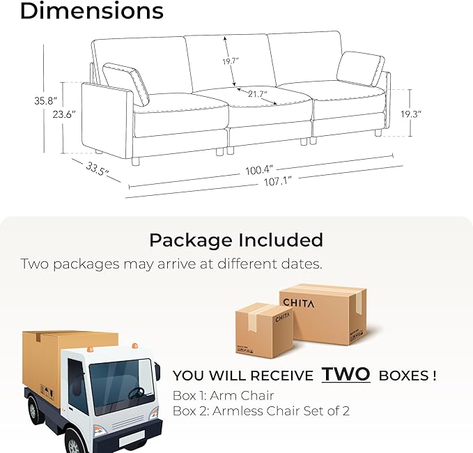 CHITA 107'' Width Modular Sectional Sofa Set, Modern Cloud Couch for Living Room and Apartment, 3 Seat Extra ComftySofa, Removable Cover, Cream