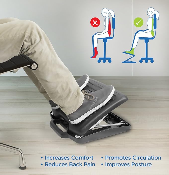 Mount-It! Adjustable Footrest with Massaging Bead | Adjustable Height and Tilt Office Foot Rest Stool for Under Desk Support | 5 Height Settings, 3 Tilt Settings | Black