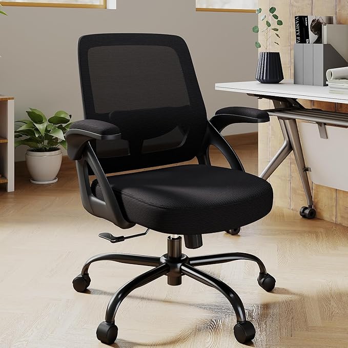 Mesh Office Chair, Ergonomic Desk Chair Wide Mid Back with Comfy Lumbar Support Swivel Task Executive with Wheels, Flip up Arms for Home