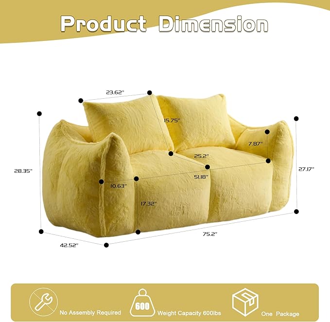 KEIKI Giant Bean Bag Couch for Adults, Oversized Loveseat, 2 Seater Fireside Chair, Comfy Lazy Floor Sofa, Cozy Reading Chair with Pillows for Living Room, Bedroom, No Assembly Required