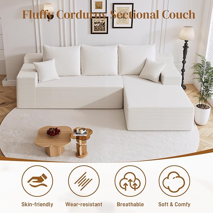108" Boneless Cloud Sectional Couches for Living Room, Comfy Fluffy L Shaped Memory Foam Deep Seat Boneless Couch, Modular Sectional Sofa with Right Facing Chaise, White