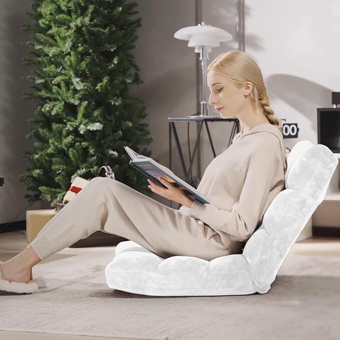 S AFSTAR Cushioned Floor Chair, 14-Position Adjustable Padded Lazy Recliner with Comfortable Back Support and Skin-Friendly Cover, Great for Reading, Playing Game, Meditating (White)