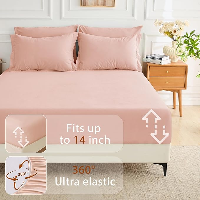 MUXHOMO 7 Pieces California King Comforter Set, Soft Bed in a Bag Cal King Size, All Season Bedding Set with Comforter, Flat Sheet, Fitted Sheet, Pillowcases & Shams, Rose Gold