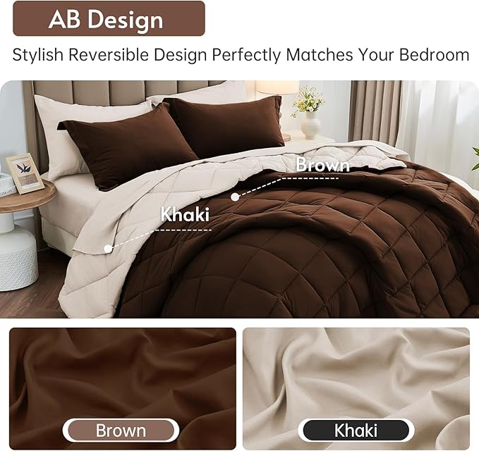 MUXHOMO 7 Pieces California King Comforter Set, Reversible Bed in a Bag Cal King Size, All Season Bedding Set with Comforter, Flat Sheet, Fitted Sheet, Pillowcases & Shams, Brown & Khaki