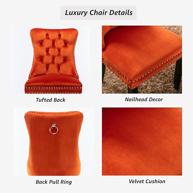 YeahFurn Orange Mid Century Modern Dining Chairs Set of 6, Velvet Upholstered Kitchen & Dining Room Chairs with Nailhead Trim & Solid Wood Legs, Elegant Sillas De Comedor (Orange, 6 Pcs)