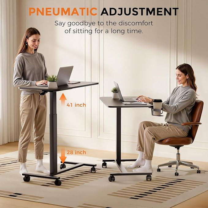 COMHOMA Adjustable Overbed Bedside Table with Lockable Wheels, Pneumatic Mobile Standing Laptop Desk, Small Standing Desk Portable Rolling Overbed Table Hospital Home Use(32" W x 18" D, Black)