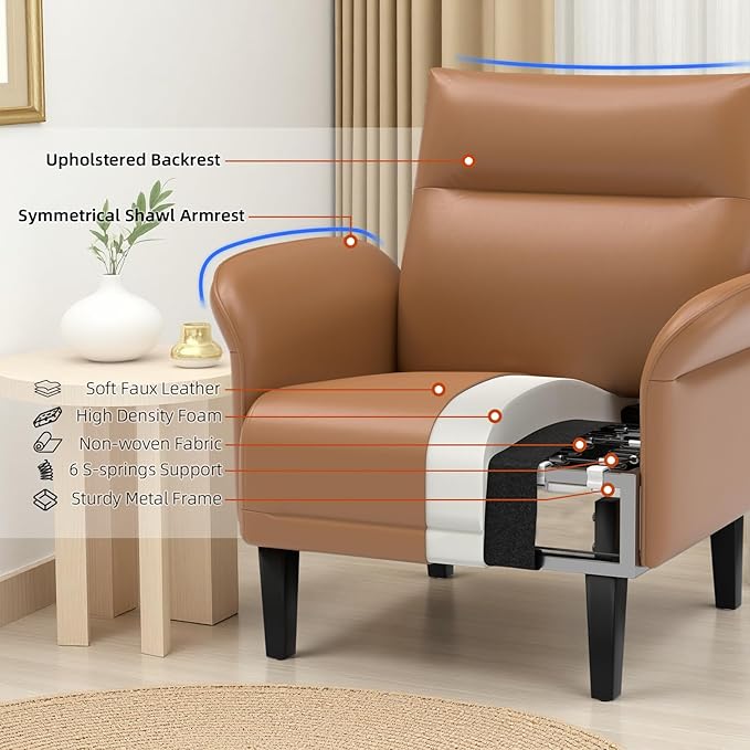 Modern Faux Leather Accent Sofa, Symmetrical Shawl Armchair with Wide Armrests & Wooden Legs, Brown Sofa Chair for Living Room, Apartment, Office