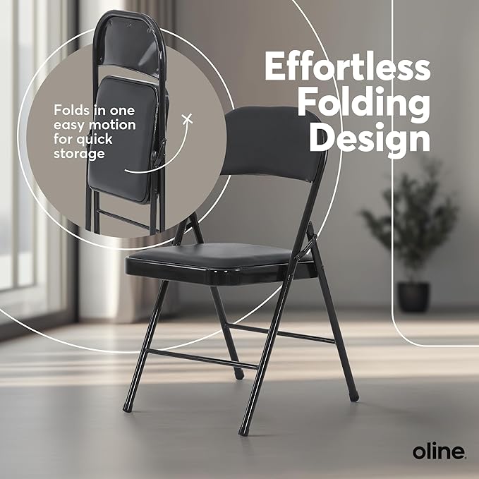 Oline Vinyl Folding Chairs, Padded Vinyl Cushion Chairs with Durable Metal Frame, Indoor Outdoor Stackable Foldable Guest Chairs for Office Wedding Kitchen Dining, 300lb Capacity (Black, 6 Pack)